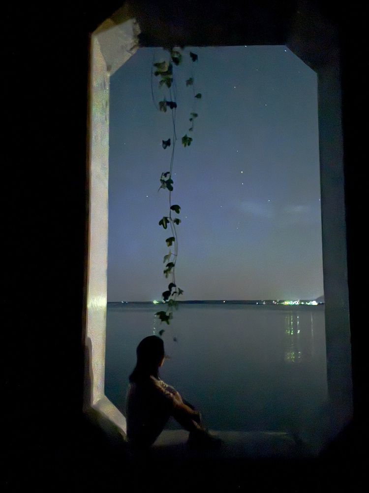 woman in window at night