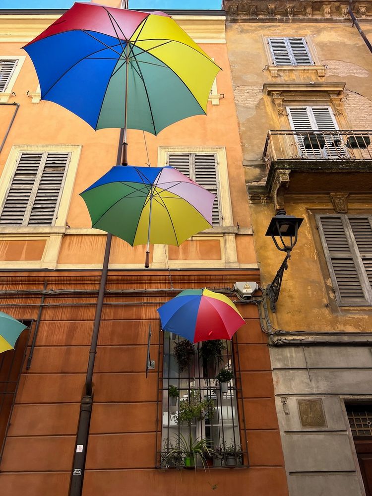 colorful umbrellas above street