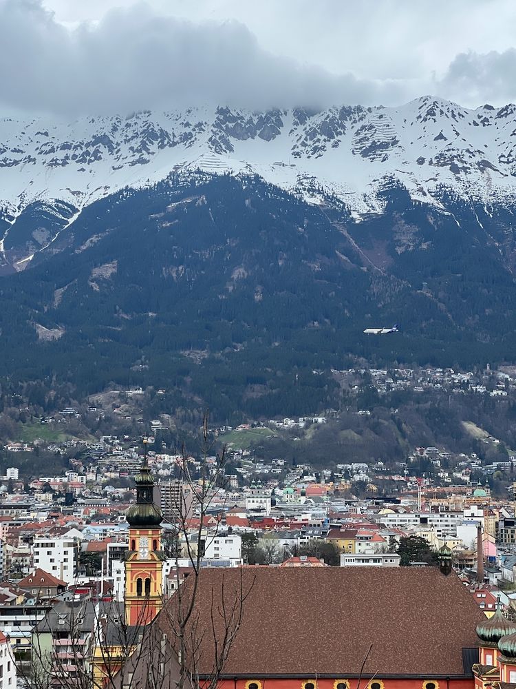 historic town with mountains behind