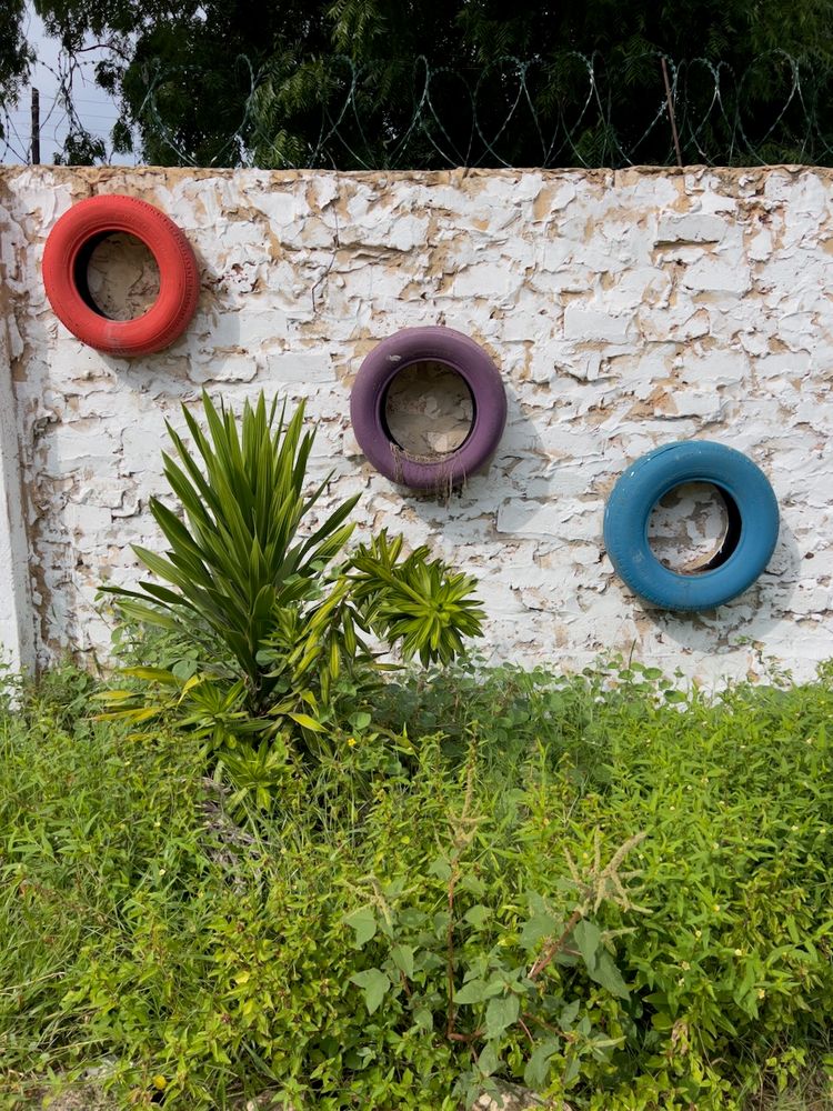 painted tires on wall