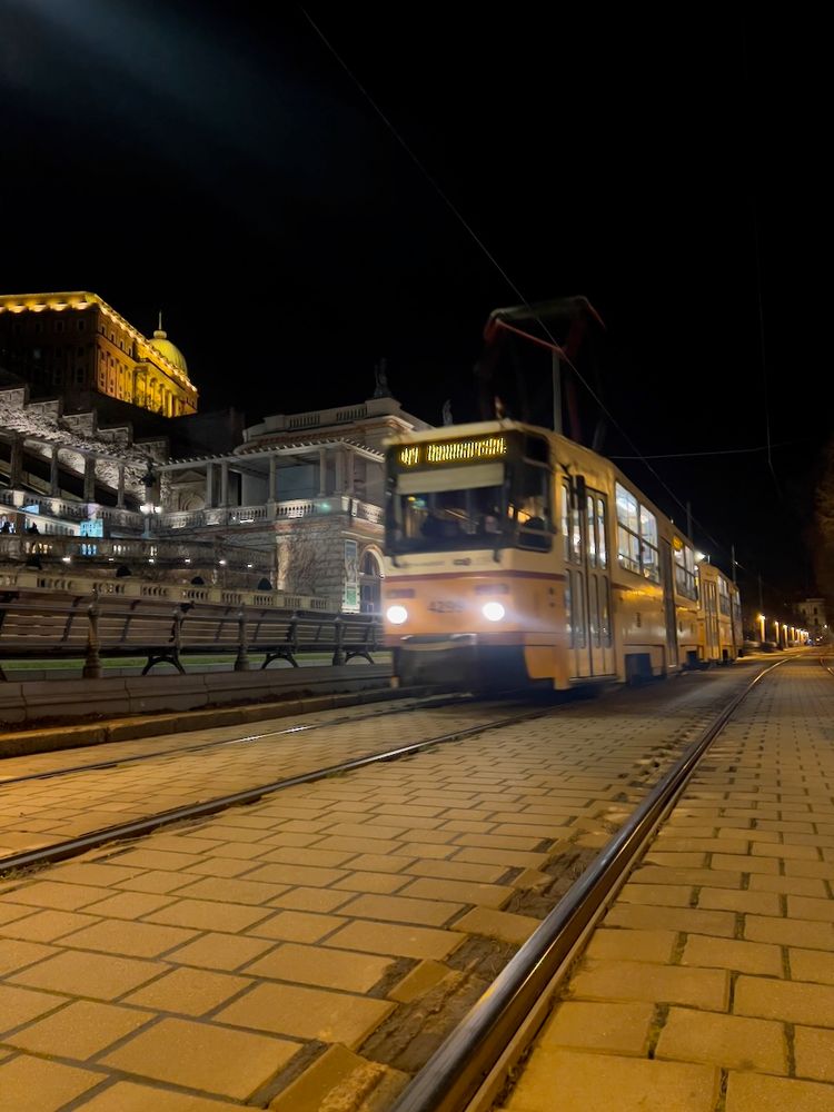 moving tram at night