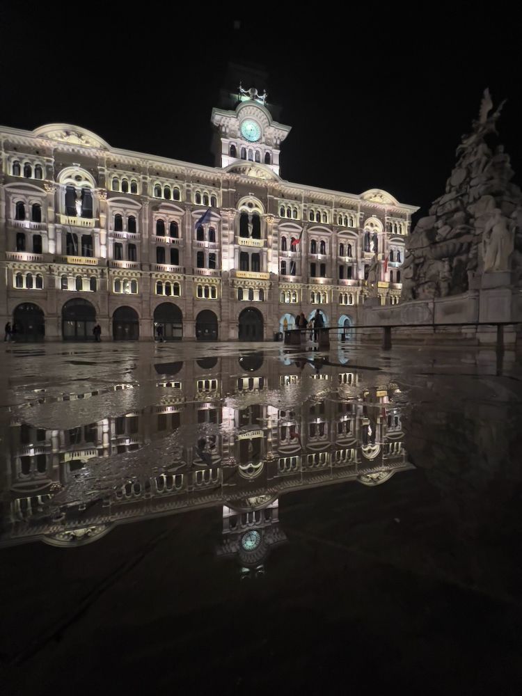 historic building in reflection at night