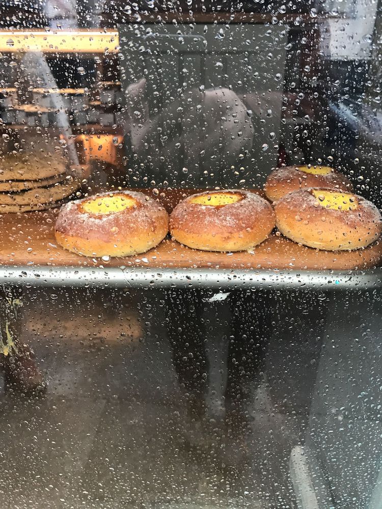 bakery through wet window