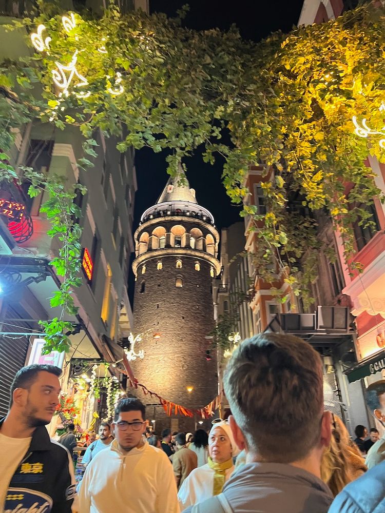 Galata tower at night from street