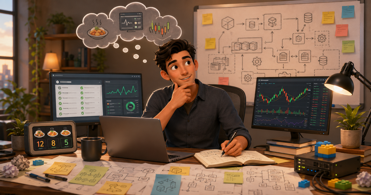 A young software engineer planning several unfinished projects at a desk, surrounded by website monitoring dashboards, crypto charts, a meal-count display, and system architecture sketches.