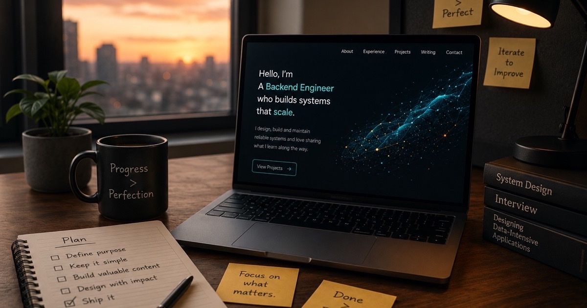 A laptop on a desk displaying Adnan Sabbir's portfolio homepage at sunset, next to a coffee mug reading 'Progress > Perfection' and a notebook with a project plan checklist.