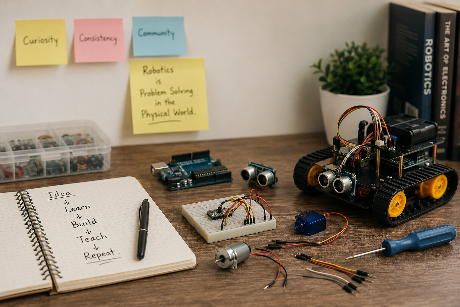 A tidy robotics workspace with an Arduino, breadboard, sensors, wires, a small tracked robot, and a notebook illustrating the journey from learning and experimentation to building and teaching robotics.