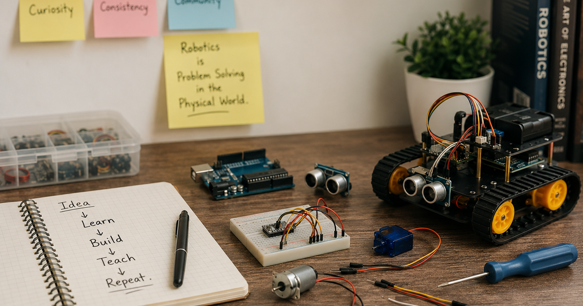 A tidy robotics workspace with an Arduino, breadboard, sensors, wires, a small tracked robot, and a notebook illustrating the journey from learning and experimentation to building and teaching robotics.