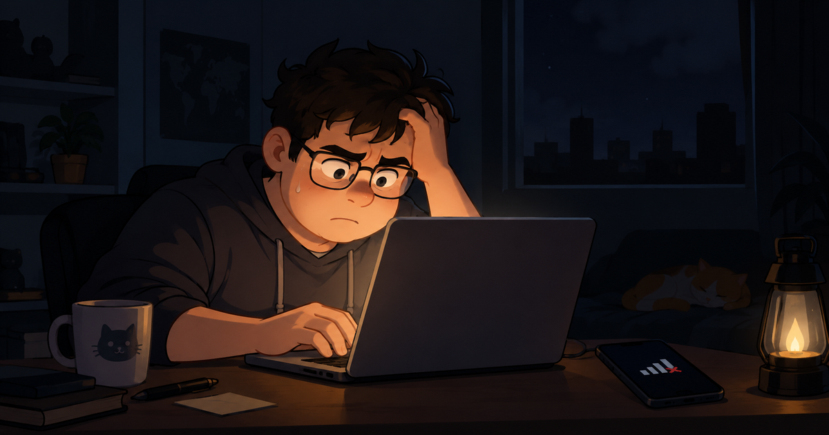A cartoon-style illustration of a worried young engineer in a dark room, lit by a laptop screen during a blackout, with one hand on his head and a phone showing no signal nearby.
