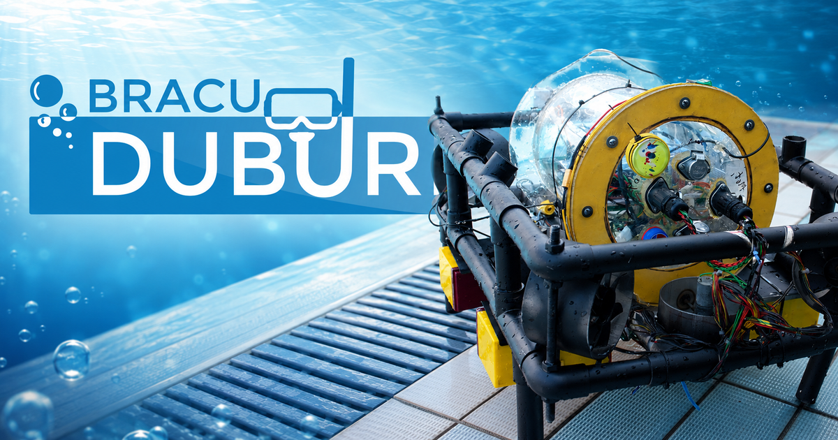 BRACU Duburi autonomous underwater vehicle beside a swimming pool, with the BRACU Duburi logo in the background.