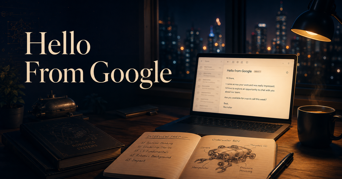 A late-night desk with a laptop showing a recruiter email titled “Hello from Google,” alongside interview notes, a coffee mug, and an underwater robot sketch.