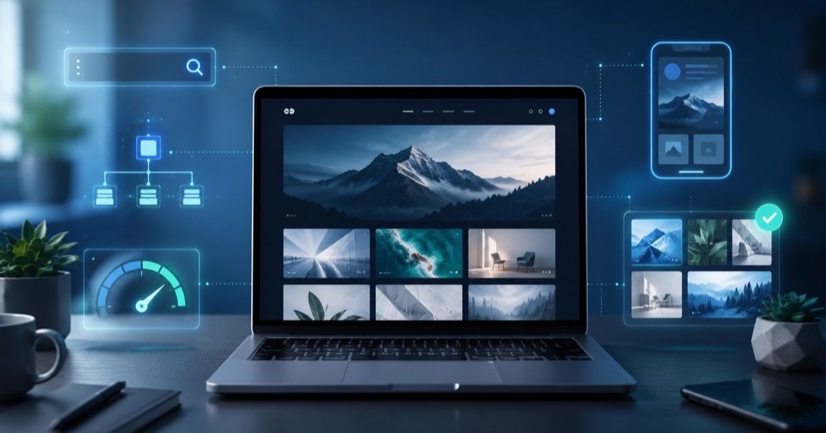 A laptop displaying an image gallery interface, surrounded by illustrated icons representing search, performance, and responsive design.
