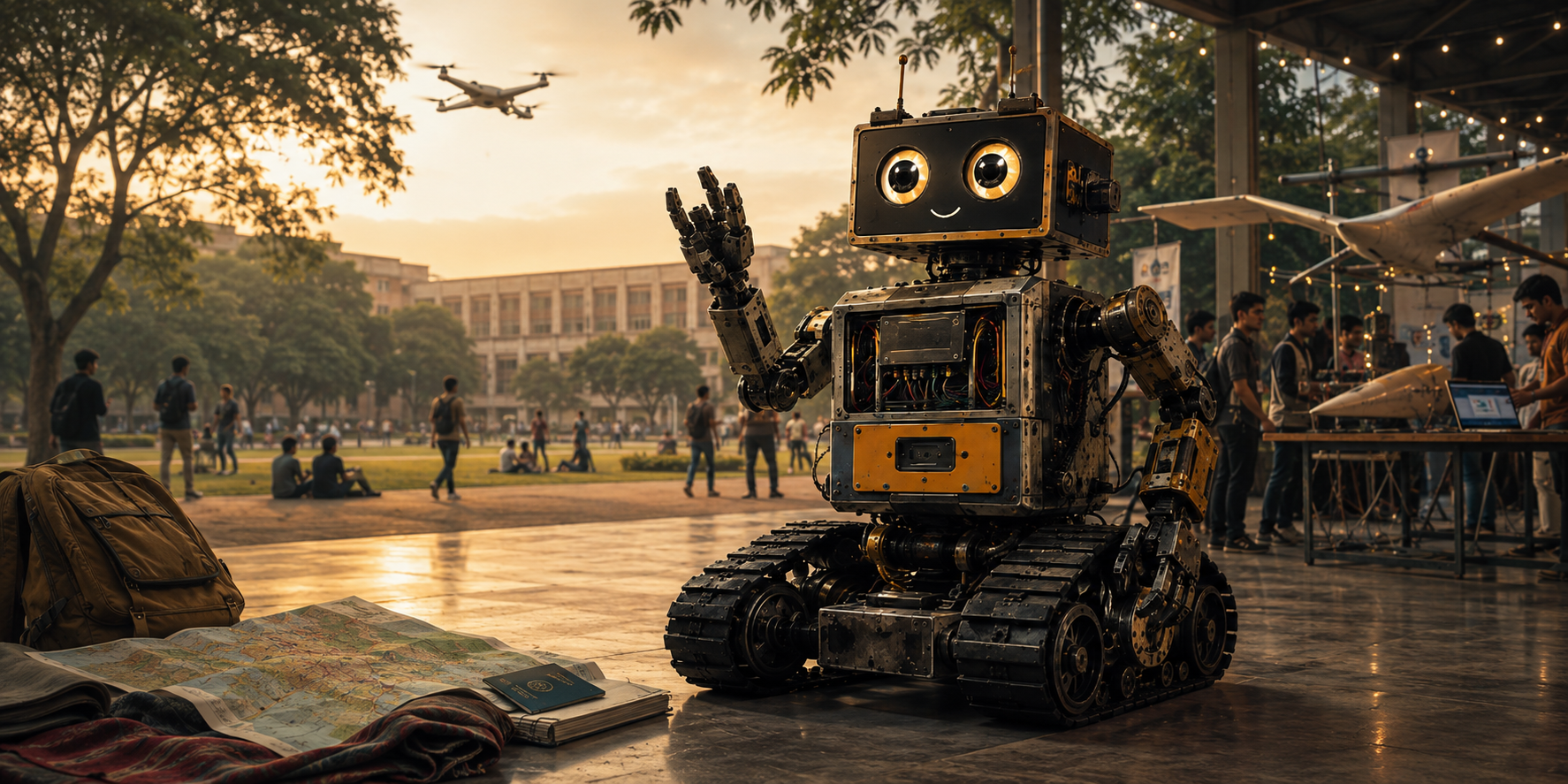 A friendly student-built robot with tank-style tracks waves at a university technology exhibition, with a campus, engineering projects, and travel items in the background.
