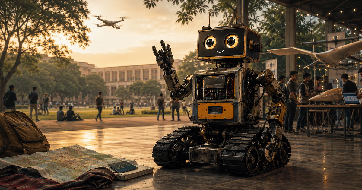 A friendly student-built robot with tank-style tracks waves at a university technology exhibition, with a campus, engineering projects, and travel items in the background.