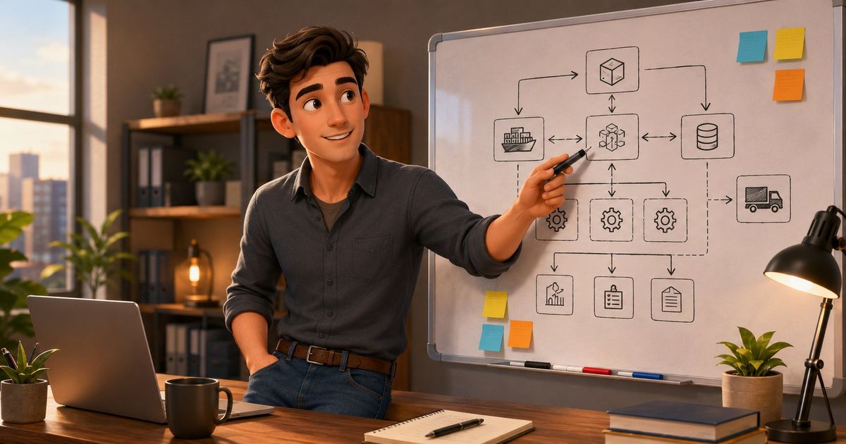 3D-rendered illustration of a dark-haired engineer pointing at a whiteboard system-architecture diagram with a cityscape visible through the window