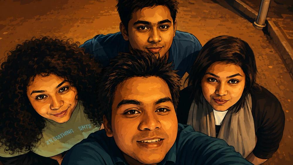 Adnan, Narjis, Hirok, and Kanchi taking a selfie together at IIT Kanpur.