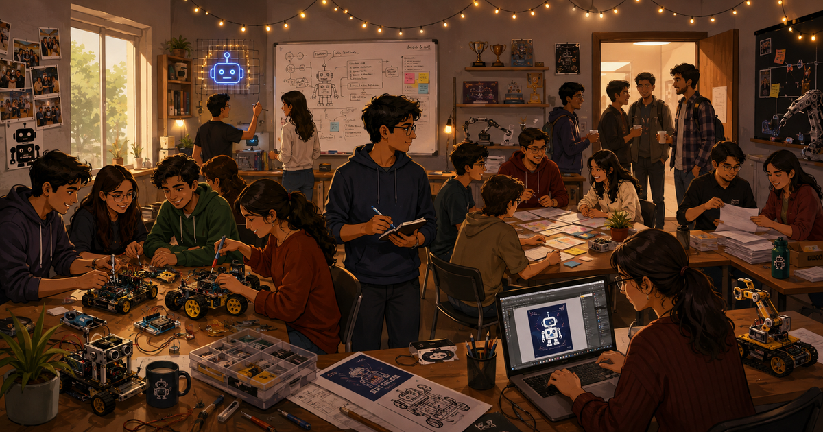 Students collaborating on robotics projects, workshops, planning, and creative work inside a busy university robotics club room.