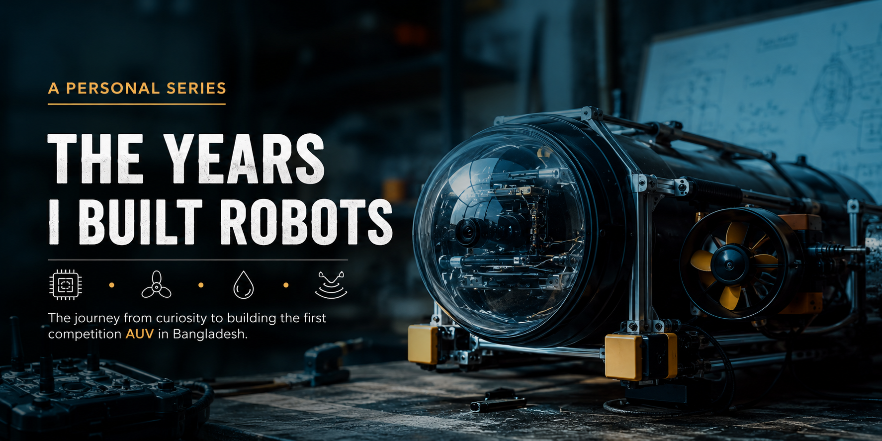 Cinematic illustration of an autonomous underwater robot in a workshop, representing a personal series about learning robotics, teaching others, and building Bangladesh’s first competition autonomous underwater vehicle.