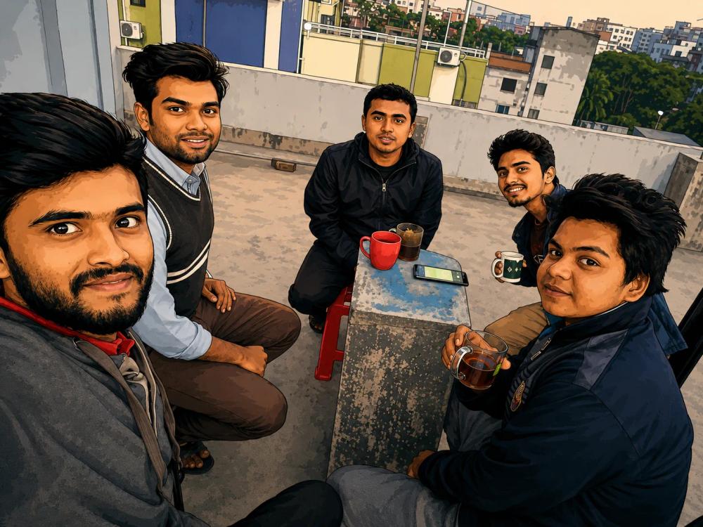 Adnan, Hirok, Sakib, Arko, and Bishal sitting around a small table having tea on a rooftop.