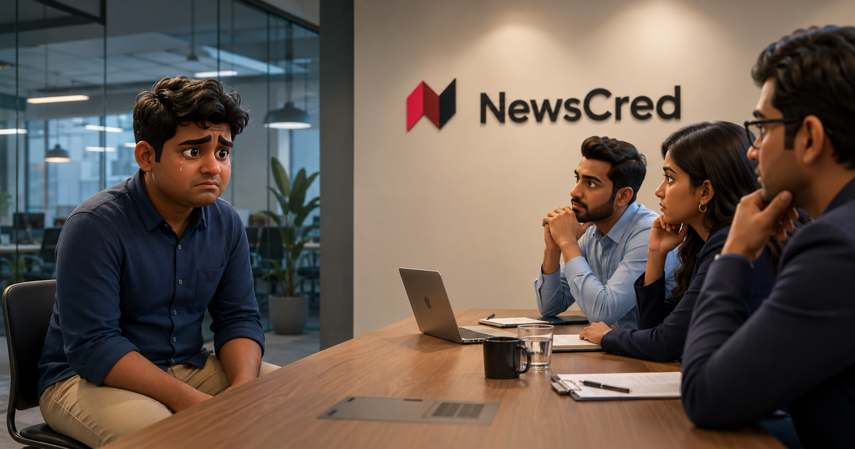 A 3D cartoon-style interview scene showing a worried young man sitting across from a NewsCred interview panel, with the NewsCred logo on the wall behind them.