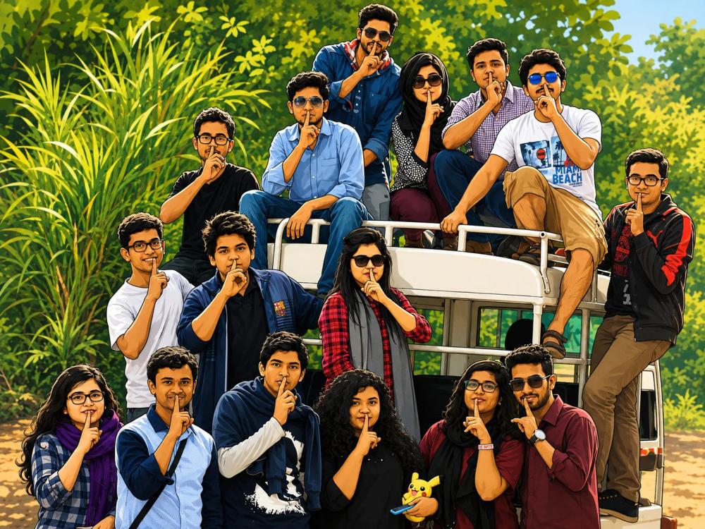 A large group of ROBU club members posing on and around a jeep in Bandarban, all making a 'shh' gesture, with one member holding a Pikachu plush toy.