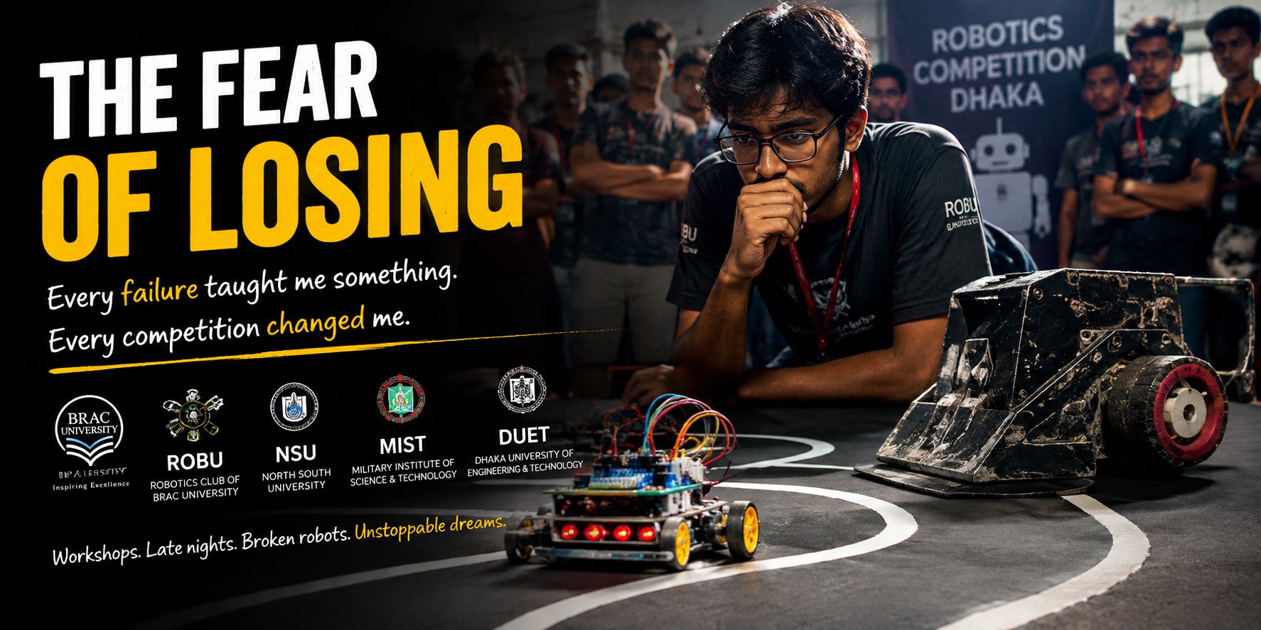 A student watches a line-following robot and a battle-damaged fighter bot at robotics competitions in Dhaka, reflecting the fear of losing in public.