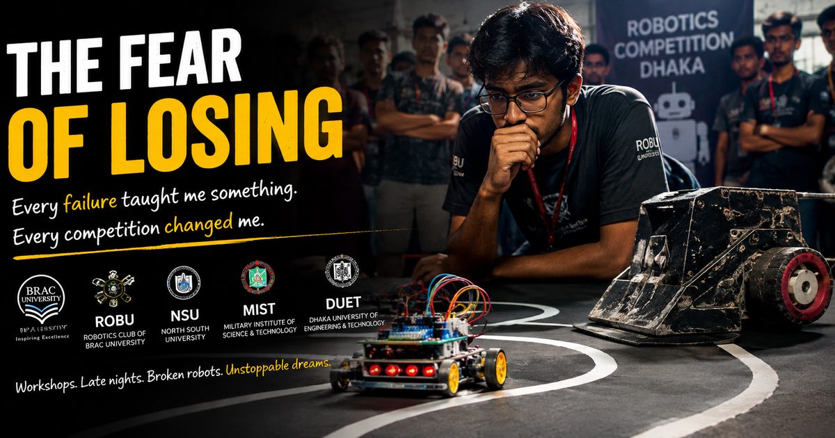 A student watches a line-following robot and a battle-damaged fighter bot at robotics competitions in Dhaka, reflecting the fear of losing in public.