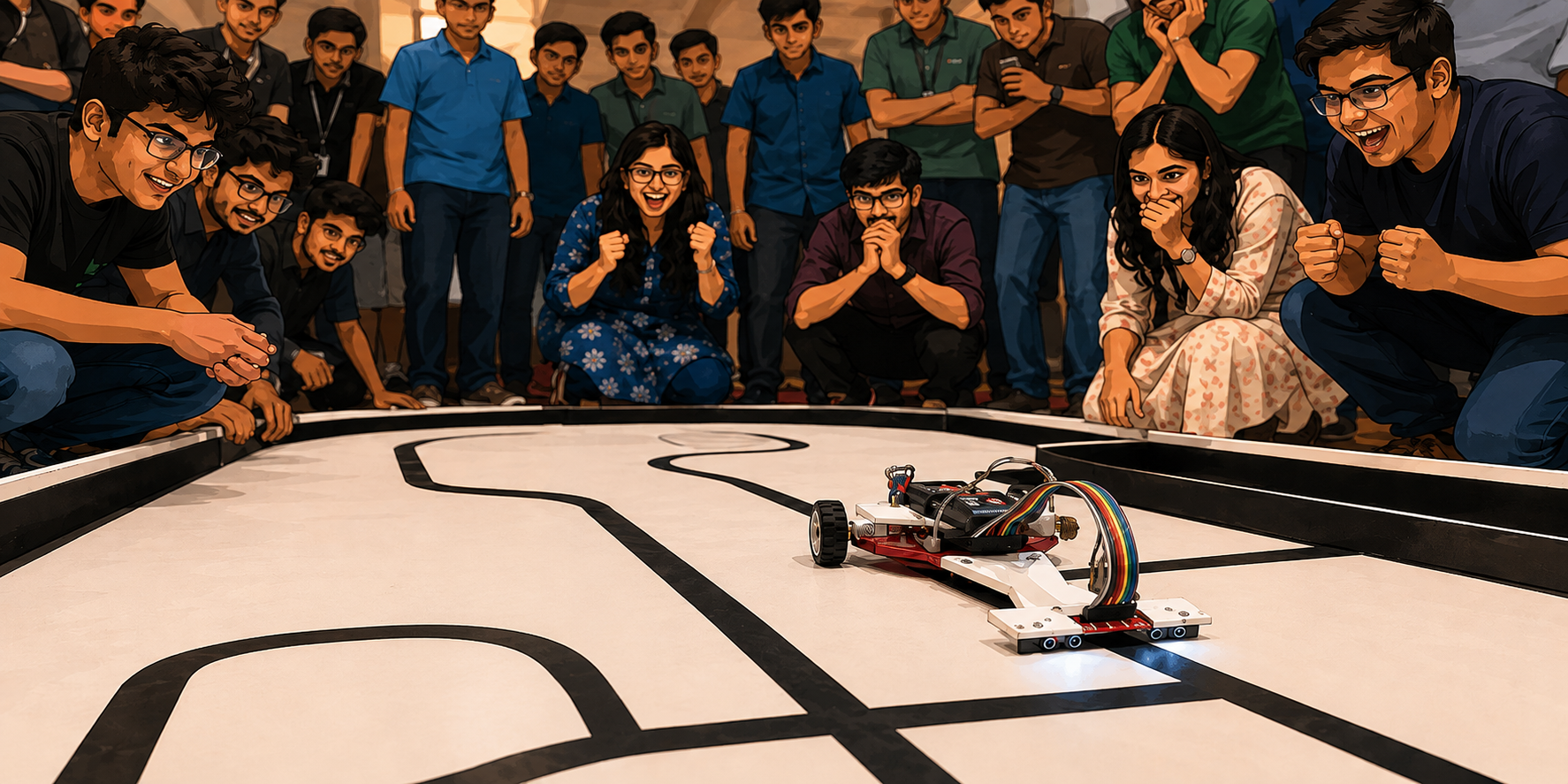 A low-profile line-following robot races through a competition track while students watch and cheer from around the arena.
