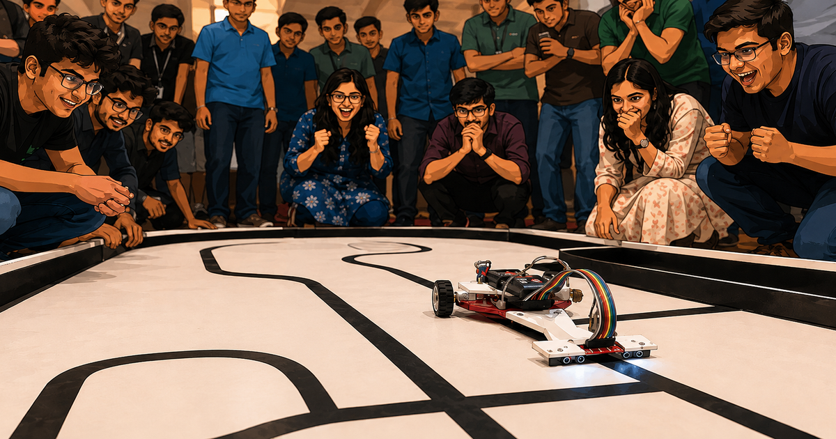 A low-profile line-following robot races through a competition track while students watch and cheer from around the arena.