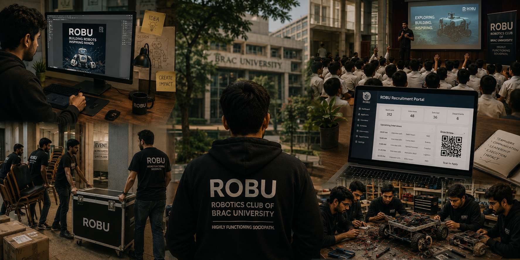 A student moves between graphic design, event planning, club logistics, recruitment software, and robotics work inside the Robotics Club of BRAC University.