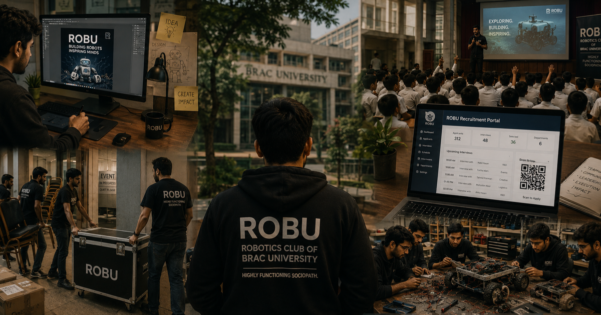 A student moves between graphic design, event planning, club logistics, recruitment software, and robotics work inside the Robotics Club of BRAC University.