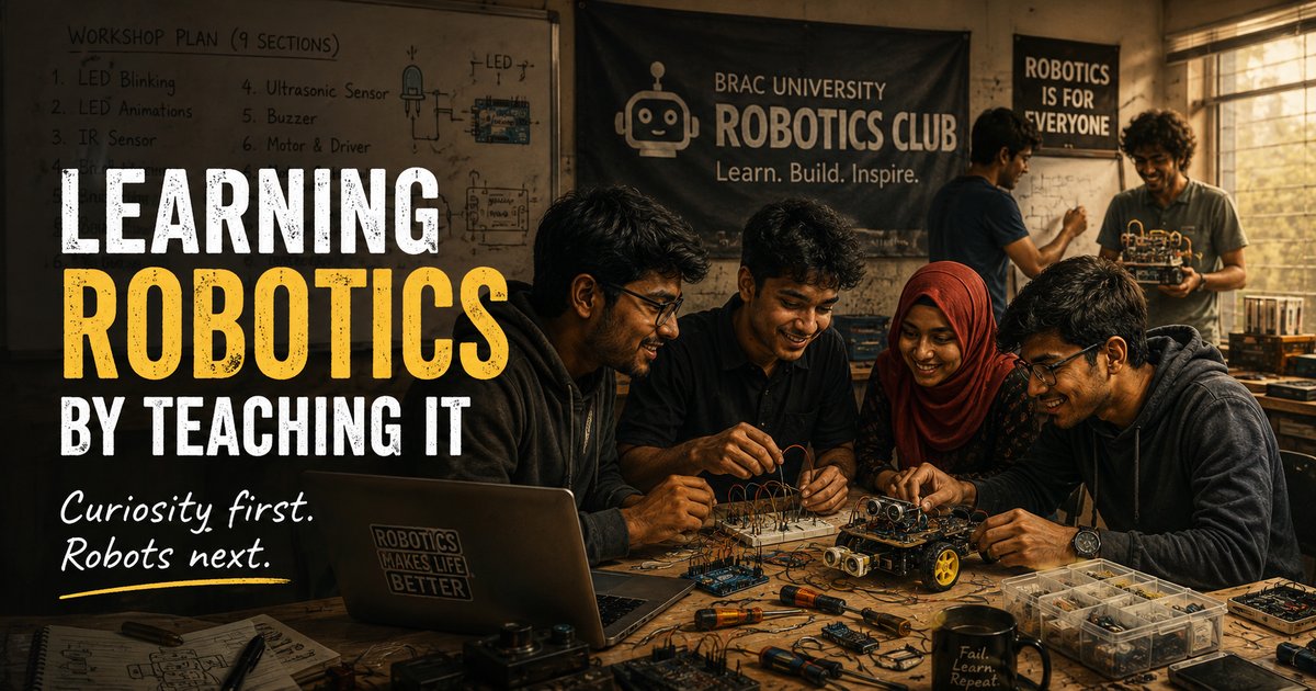 Students learn hands-on robotics with Arduino boards, sensors, motors, and practice tracks during a workshop at BRAC University.