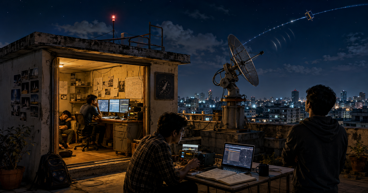 Students work late at night in a rooftop satellite ground station, with a motorized antenna tracking a CubeSat above the city.