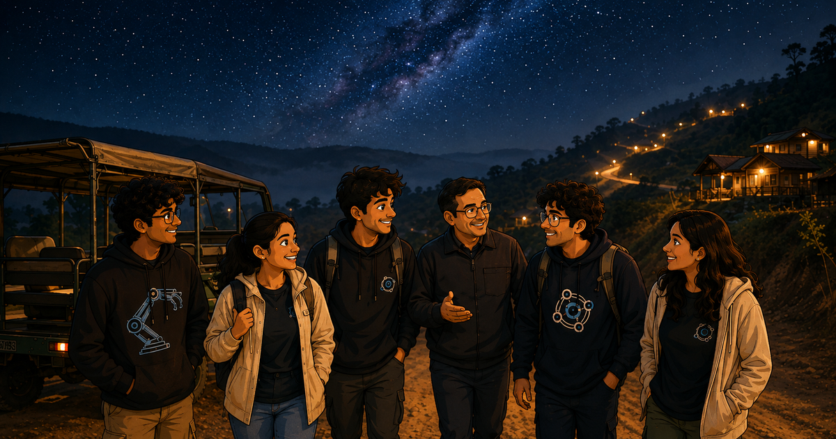 Cartoon illustration of ROBU members and a faculty member walking together at night in Sajek under a star-filled sky, with a Chandergari and hillside cottages in the background.