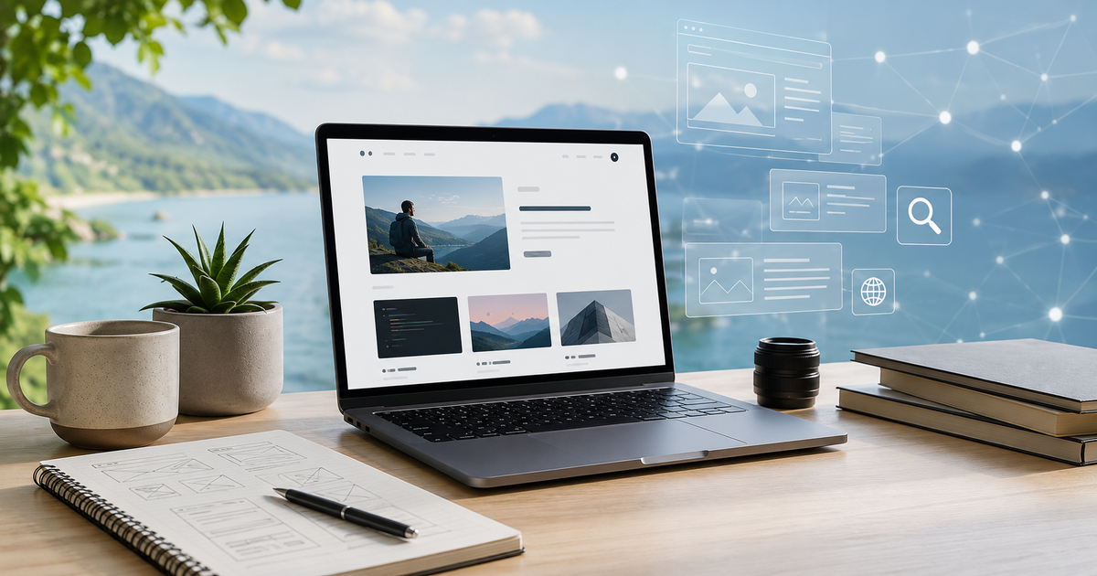 A laptop displaying a portfolio website on a desk beside a lake, surrounded by design sketches, books, plants, and floating interface and search icons.