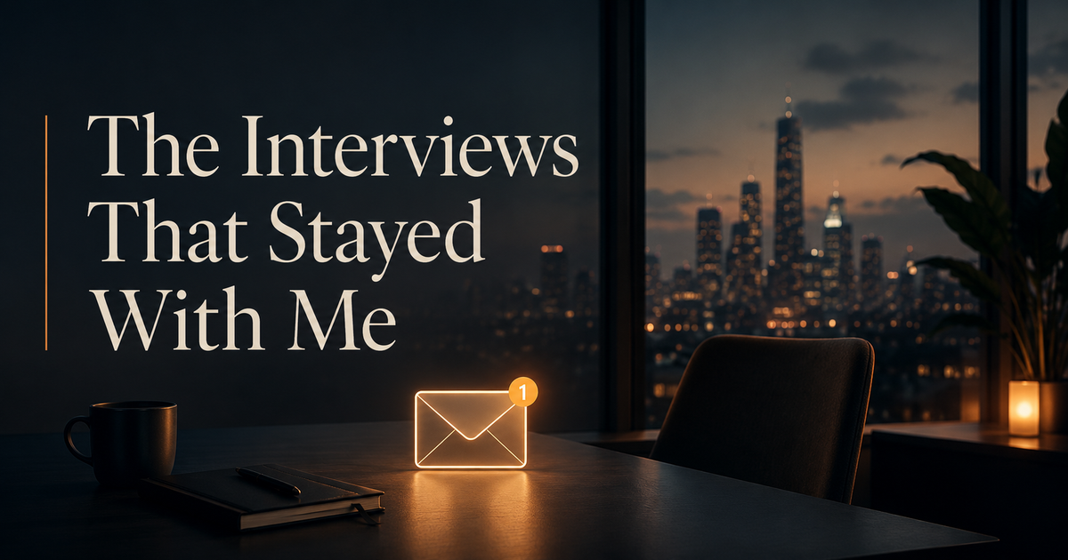 A moody evening desk scene with a glowing email icon, notebook, coffee mug, and city skyline through a window, with the title “The Interviews That Stayed With Me” displayed prominently.