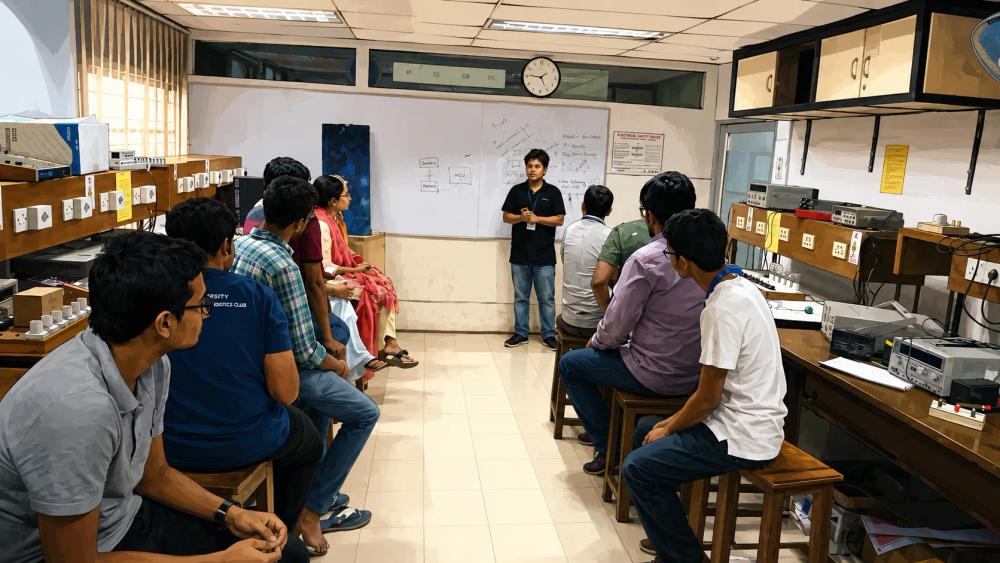 Students in a basics of robotics class at BRAC University, 2017.