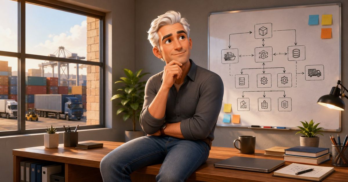 3D-rendered illustration of a gray-haired engineer sitting on a desk in thought, in front of a whiteboard system-architecture diagram, with a shipping yard visible through the window