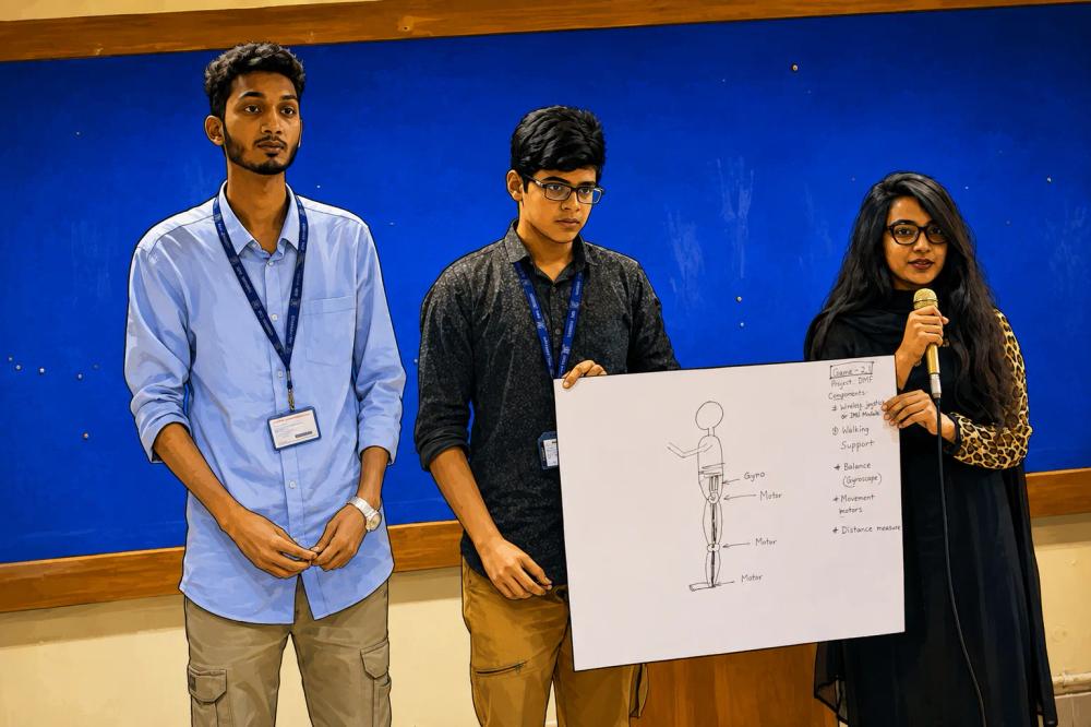 Fresher team presenting their robotics idea at a RoBu orientation event.