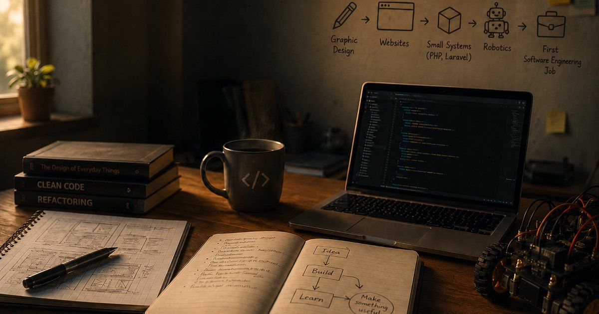 A desk with programming books, a notebook sketching an idea-build-learn loop, a laptop showing code, and a small robotics kit, with a hand-drawn diagram on the wall showing the path from graphic design to software engineering.