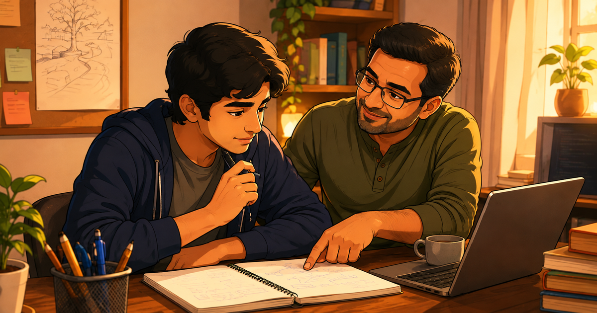 A warm cartoon-style illustration of a young engineer being guided by a slightly older mentor at a desk, with notes, a laptop, and a supportive atmosphere that reflects mentorship without expecting anything in return.