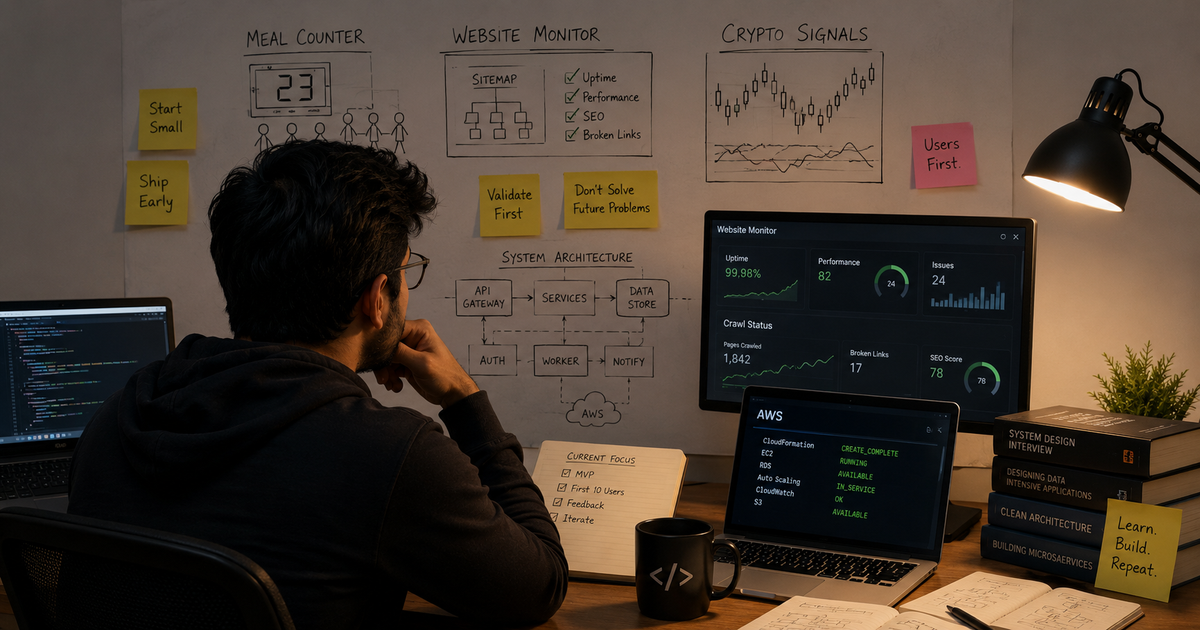 A software engineer reviewing system architecture, website monitoring, crypto analysis, and meal-management ideas across several screens and wall sketches in a home office.
