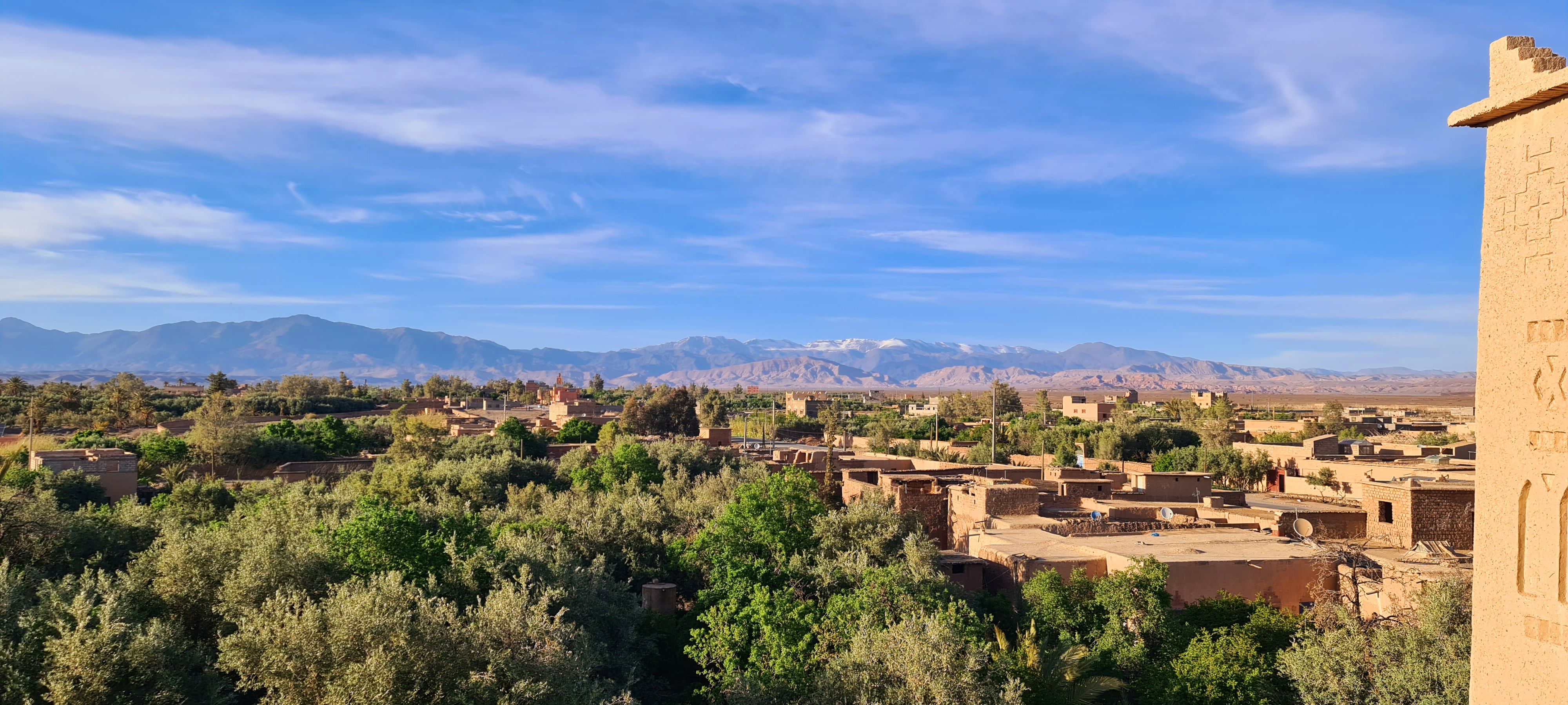 Vue de la terrasse sur oasis et montagnes un peu enneigées