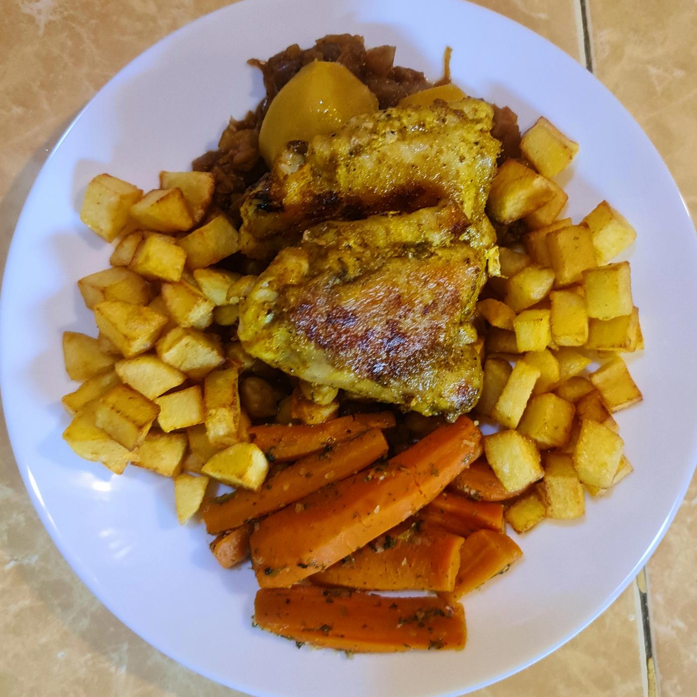 Poulet mariné grillé et légumes de saison