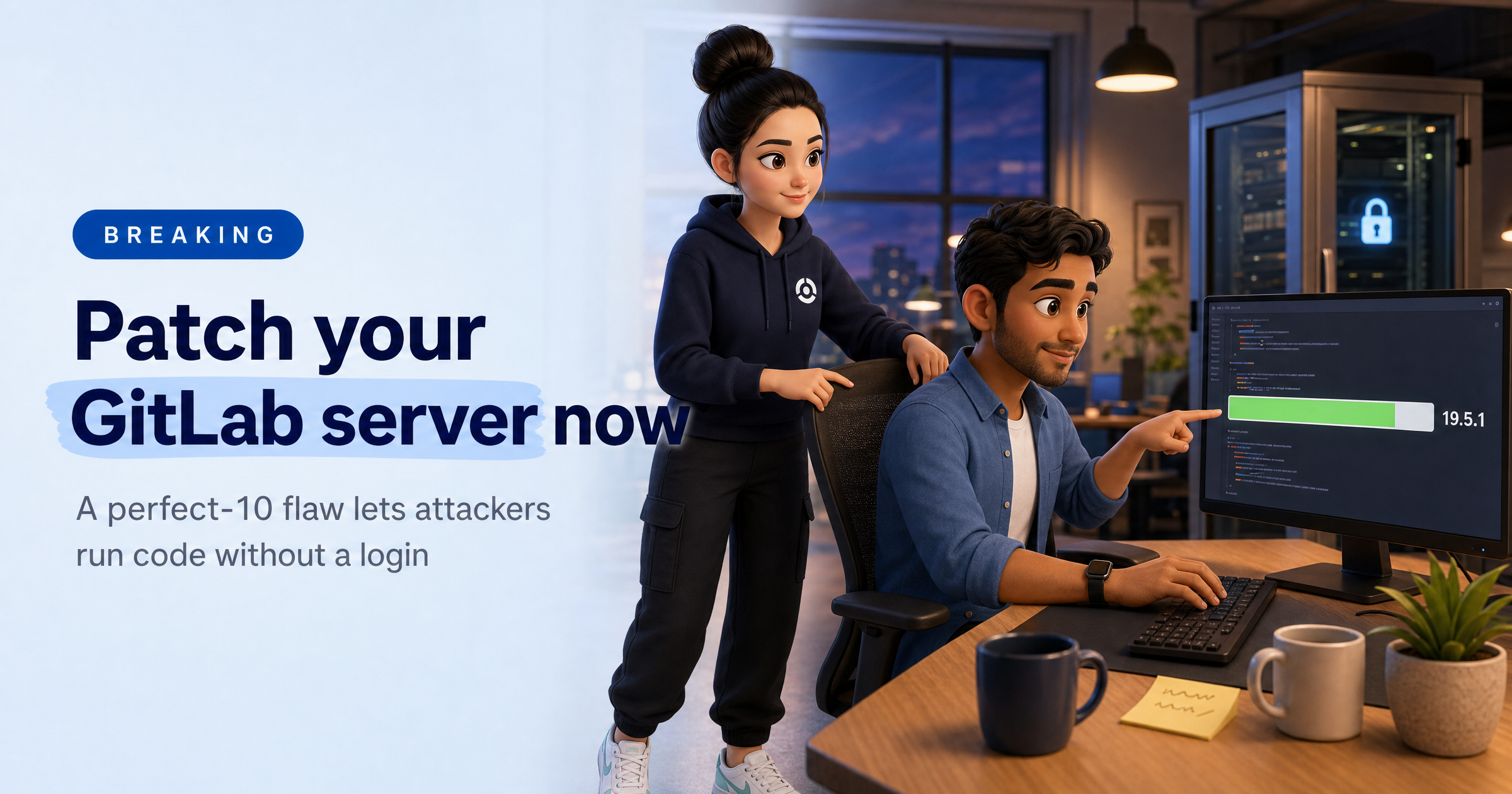 Sophia, HackRisk's AI security analyst, in a navy hoodie in an evening-lit UK software office, pointing at an update progress bar on a developer's monitor while he types, under the headline 'Patch your GitLab server now'.