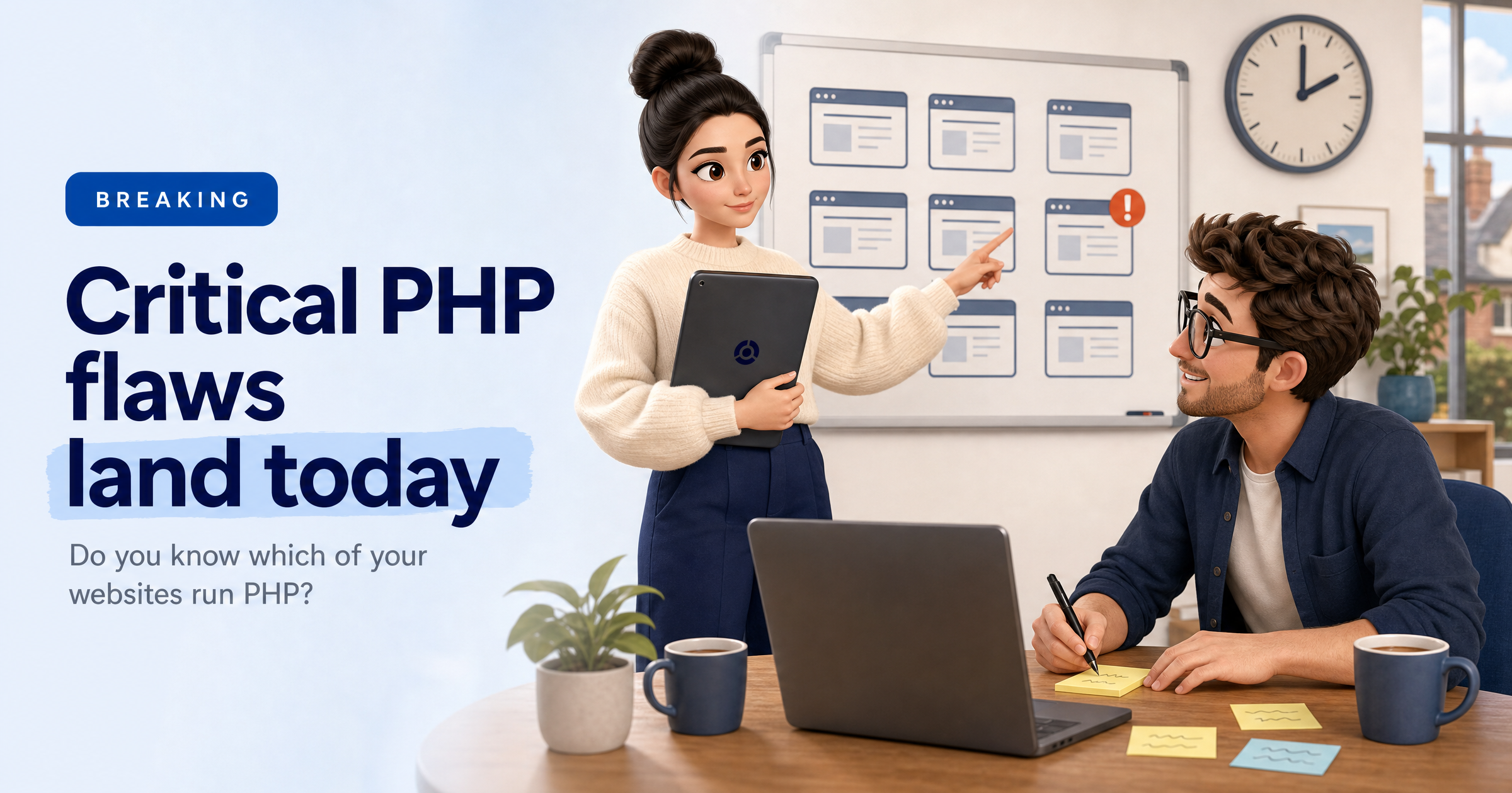 Sophia, HackRisk's AI security analyst, in a cream knit jumper in a bright UK web-design studio, calmly pointing at a whiteboard of website icons while a freelance web designer takes notes, under the headline 'Critical PHP flaws land today'.