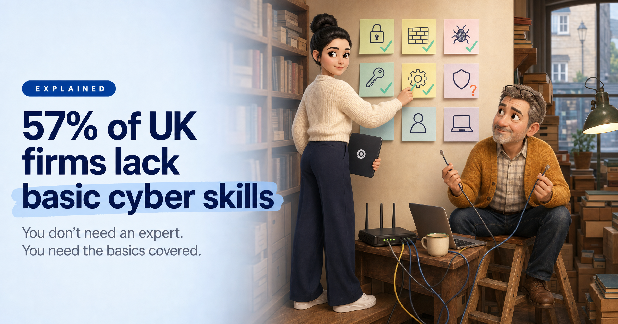 Sophia, HackRisk's AI security analyst, in a small bookshop's stockroom adding green ticks to a wall of security sticky notes while the owner sits among tangled cables, with the headline '57% of UK firms lack basic cyber skills'