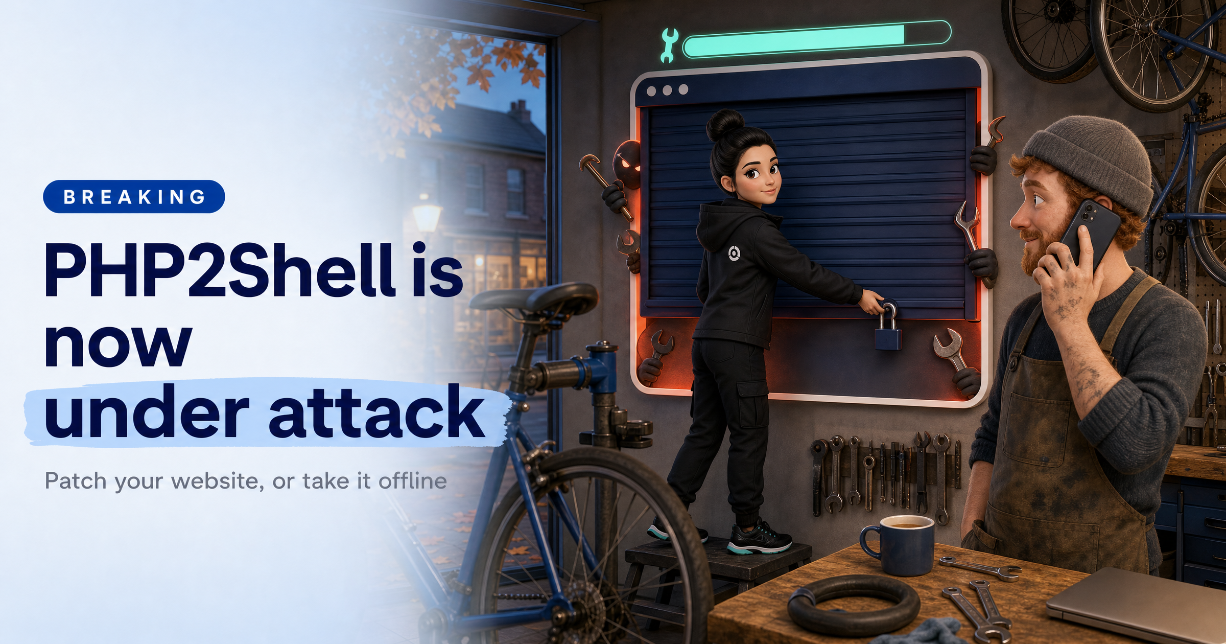 Illustration of Sophia, HackRisk's AI security analyst, in a small bike repair workshop pulling a navy padlocked shutter down over a glowing web-browser-shaped hatch, while the shop owner phones his web host, beside the headline 'PHP2Shell is now under attack'.