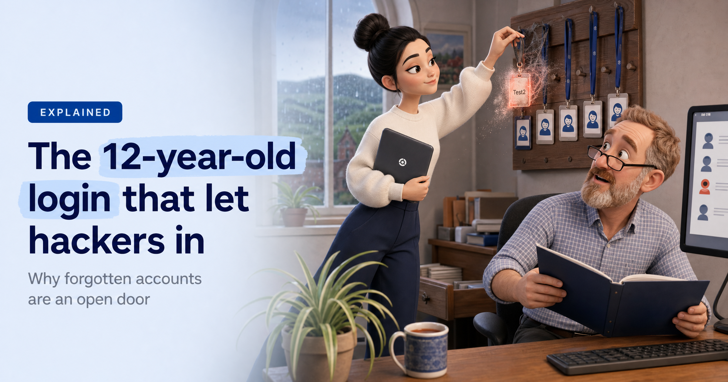 Sophia, HackRisk's AI security analyst, in a cream knit jumper unhooking a dusty, cobwebbed 'Test2' badge from a staff lanyard board in a small UK charity office while the office manager looks up from his desk, beside the headline 'The 12-year-old login that let hackers in'