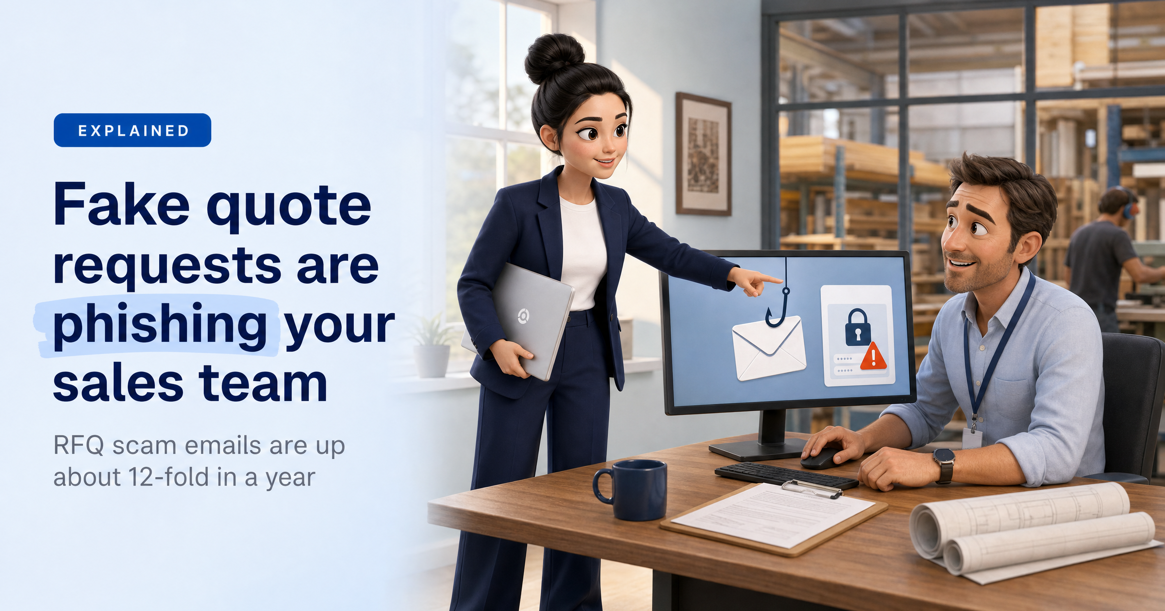 Sophia, HackRisk's AI security analyst, in a navy blazer with a laptop under her arm, raising a friendly hand beside a small-firm sales manager's desk to stop him clicking a fake quote request email, with the headline 'Fake quote requests are phishing your sales team'.